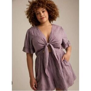 Festi Plus Size 2X Purple Short Sleeve Tie Front Romper w/ Embroidery